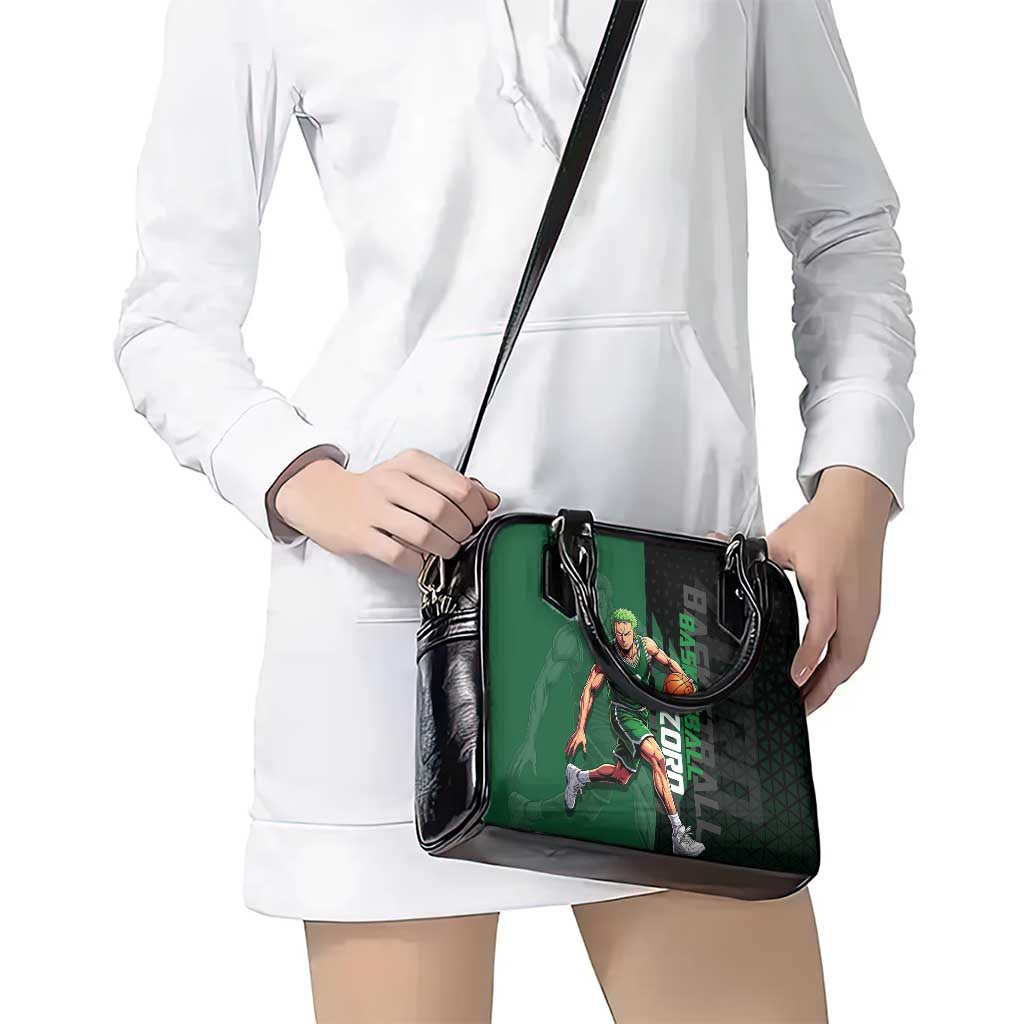 Zoro One Piece Basketball Theme Green and Black Design Shoulder Handbag with Swordsman Logo and Action Dribble Pose - The Mazicc