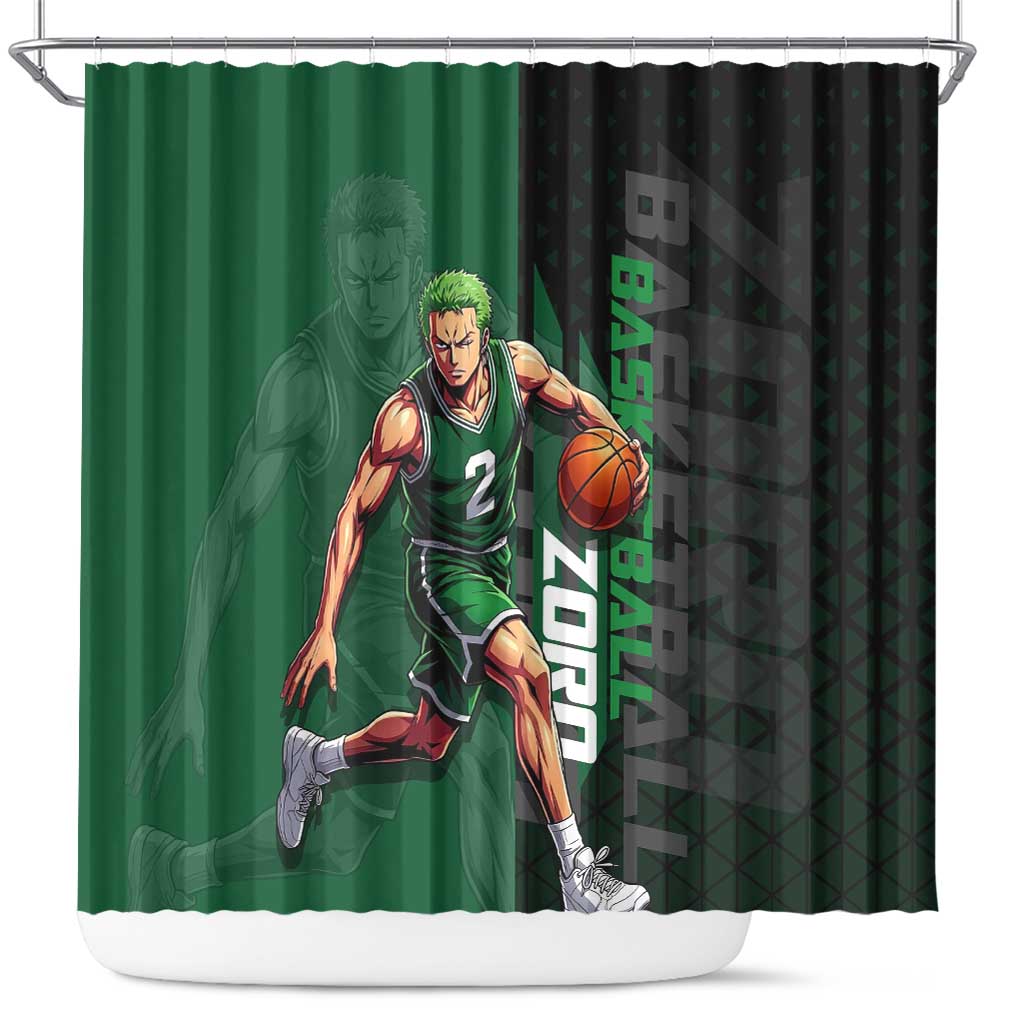Zoro One Piece Basketball Theme Green and Black Design Shower Curtain with Swordsman Logo and Action Dribble Pose - The Mazicc