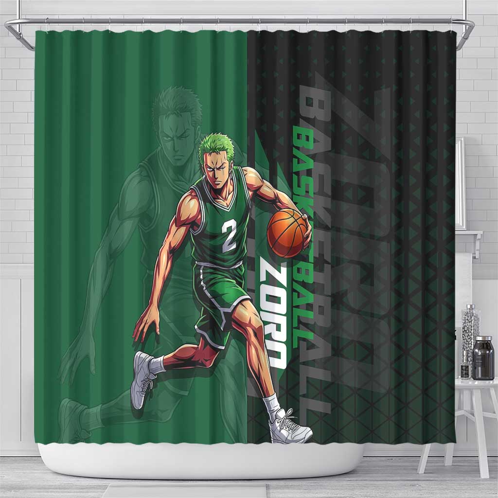 Zoro One Piece Basketball Theme Green and Black Design Shower Curtain with Swordsman Logo and Action Dribble Pose - The Mazicc