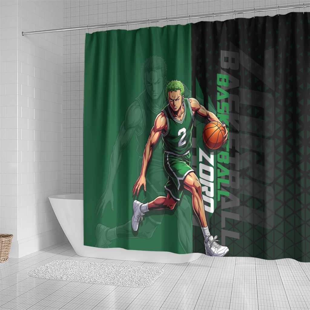 Zoro One Piece Basketball Theme Green and Black Design Shower Curtain with Swordsman Logo and Action Dribble Pose - The Mazicc