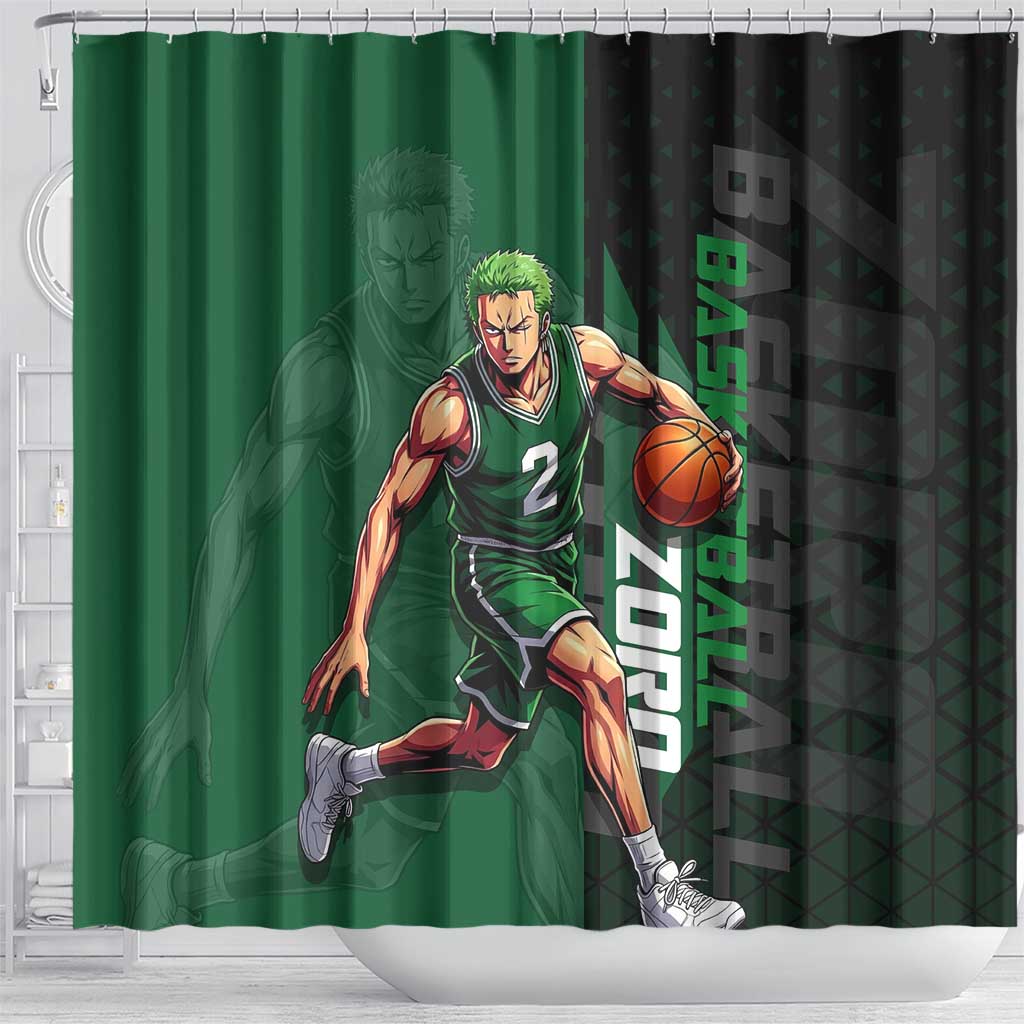 Zoro One Piece Basketball Theme Green and Black Design Shower Curtain with Swordsman Logo and Action Dribble Pose - The Mazicc