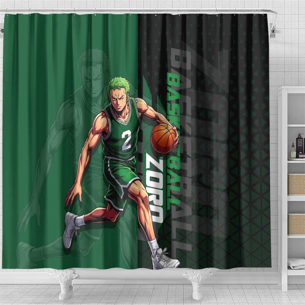 Zoro One Piece Basketball Theme Green and Black Design Shower Curtain with Swordsman Logo and Action Dribble Pose - The Mazicc
