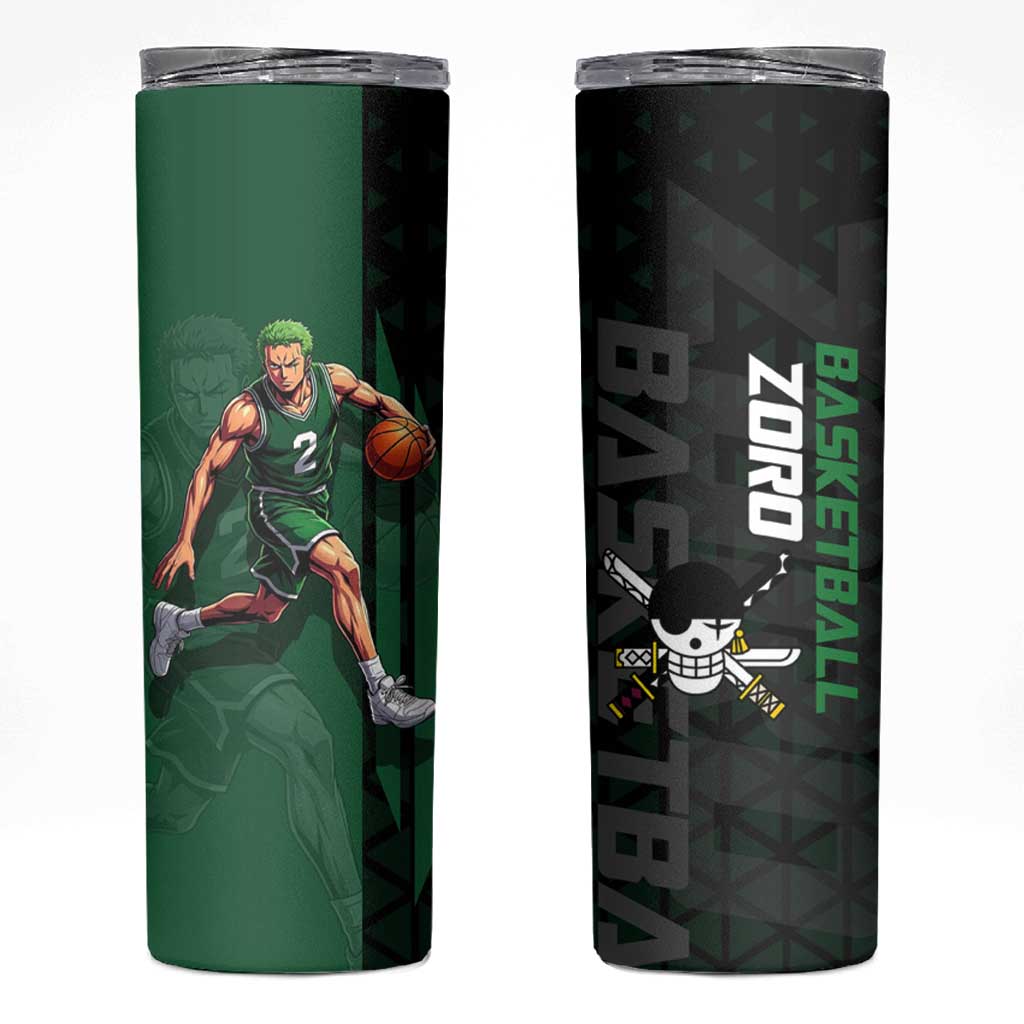 Zoro One Piece Basketball Theme Green and Black Design Skinny Tumbler with Swordsman Logo and Action Dribble Pose - The Mazicc