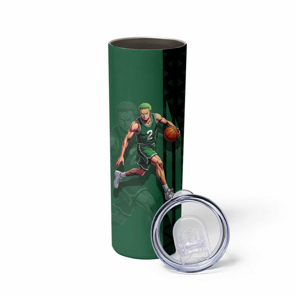 Zoro One Piece Basketball Theme Green and Black Design Skinny Tumbler with Swordsman Logo and Action Dribble Pose - The Mazicc