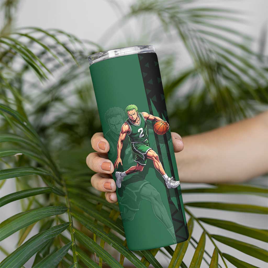 Zoro One Piece Basketball Theme Green and Black Design Skinny Tumbler with Swordsman Logo and Action Dribble Pose - The Mazicc