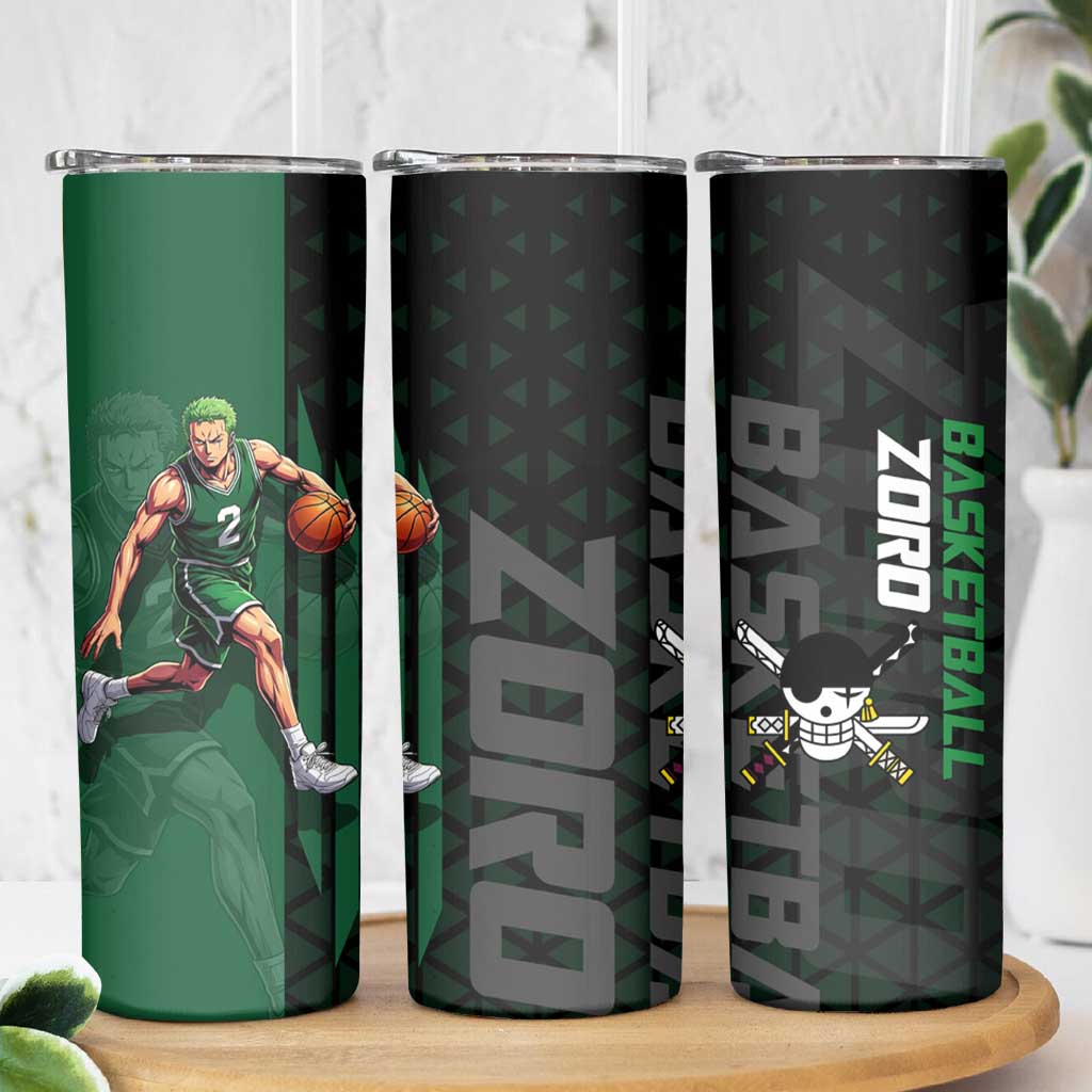 Zoro One Piece Basketball Theme Green and Black Design Skinny Tumbler with Swordsman Logo and Action Dribble Pose - The Mazicc