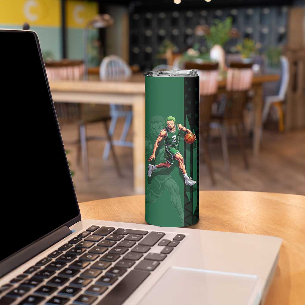 Zoro One Piece Basketball Theme Green and Black Design Skinny Tumbler with Swordsman Logo and Action Dribble Pose - The Mazicc