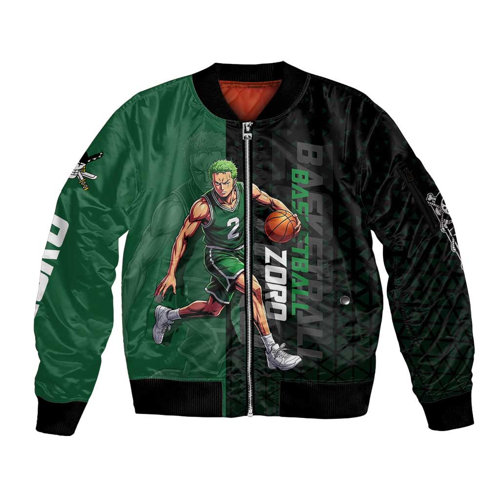 Zoro One Piece Basketball Theme Green and Black Design Sleeve Zip Bomber Jacket with Swordsman Logo and Action Dribble Pose - The Mazicc