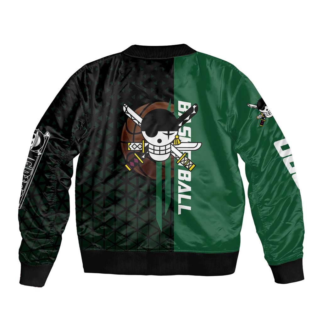 Zoro One Piece Basketball Theme Green and Black Design Sleeve Zip Bomber Jacket with Swordsman Logo and Action Dribble Pose - The Mazicc