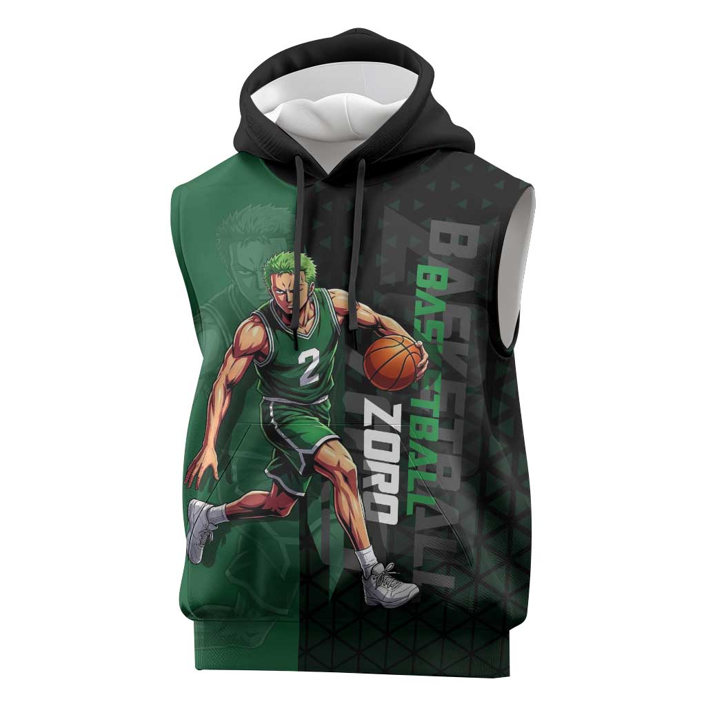 Zoro One Piece Basketball Theme Green and Black Design Sleeveless Hoodie with Swordsman Logo and Action Dribble Pose - The Mazicc