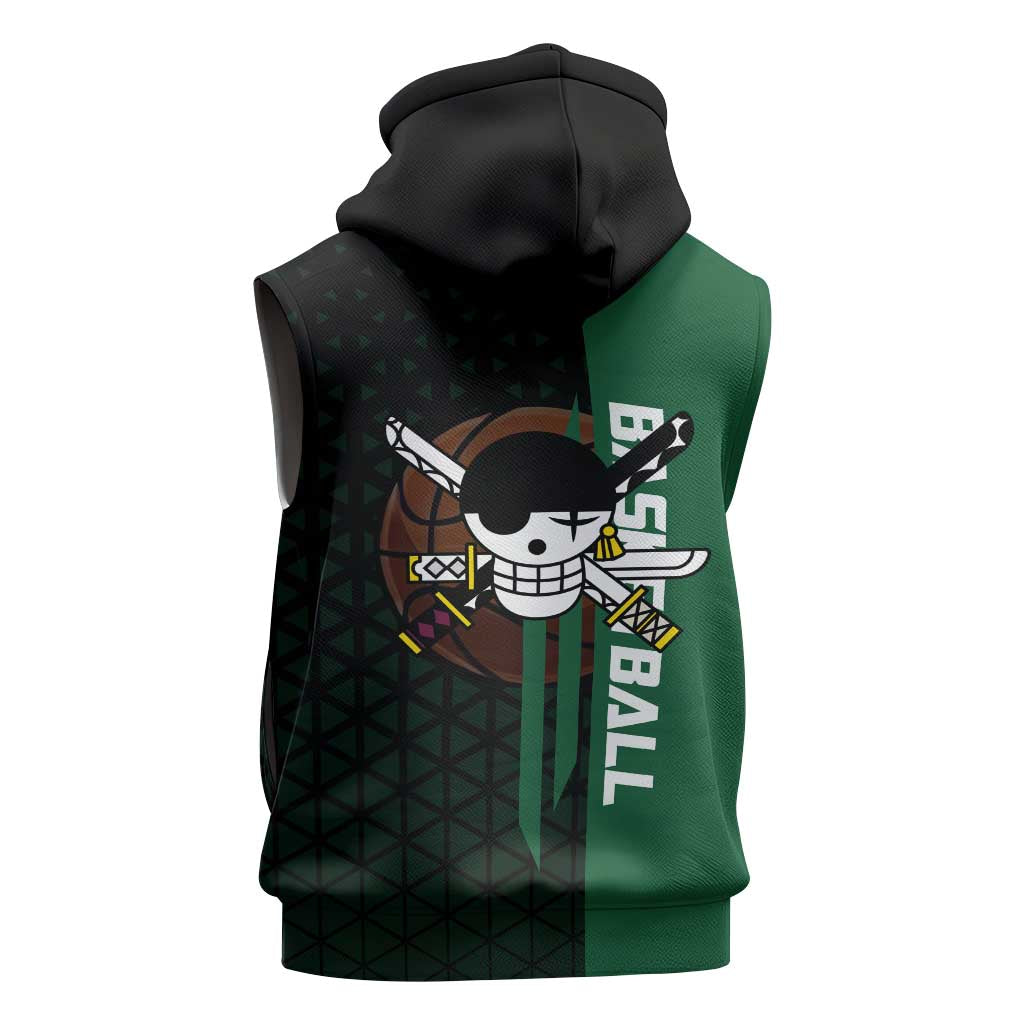Zoro One Piece Basketball Theme Green and Black Design Sleeveless Hoodie with Swordsman Logo and Action Dribble Pose - The Mazicc