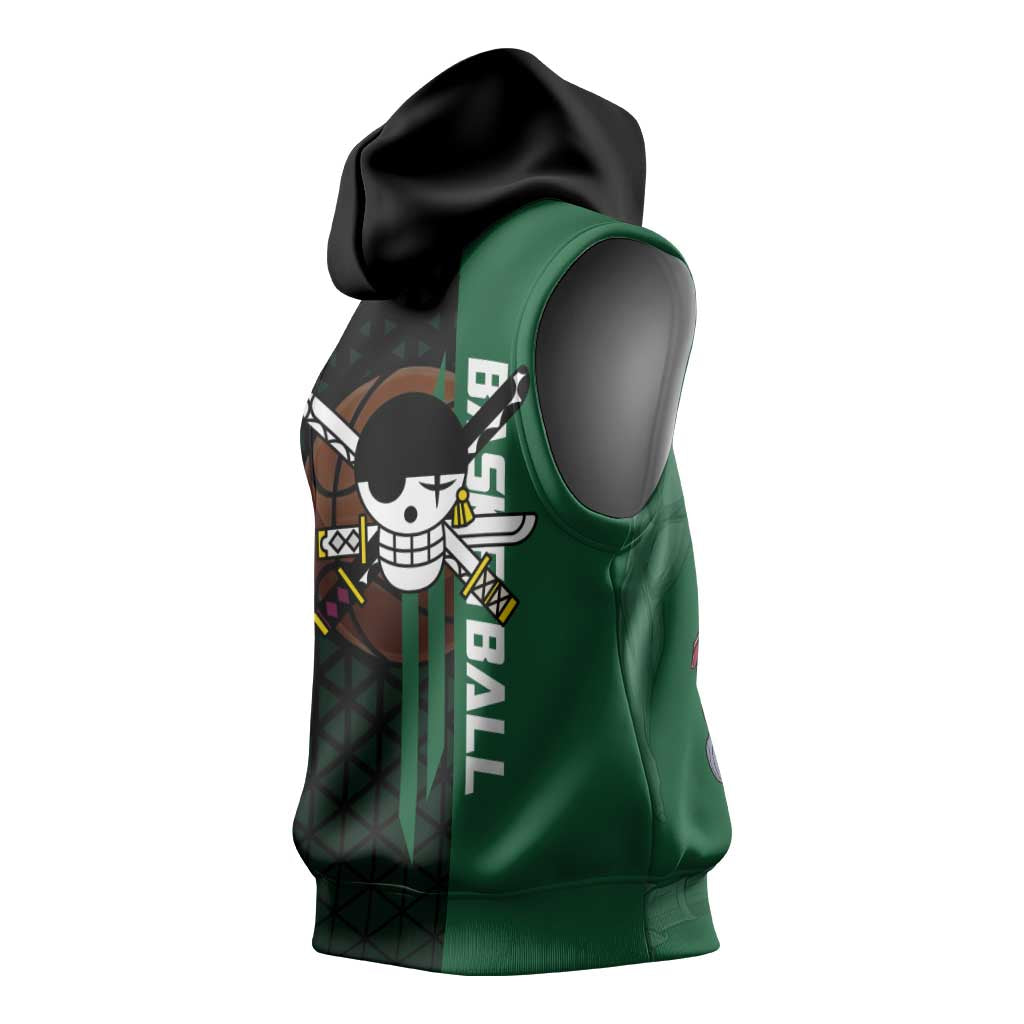 Zoro One Piece Basketball Theme Green and Black Design Sleeveless Hoodie with Swordsman Logo and Action Dribble Pose - The Mazicc