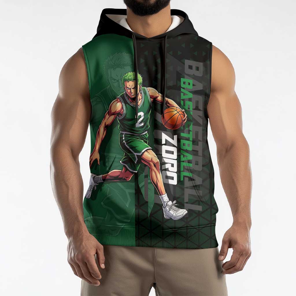 Zoro One Piece Basketball Theme Green and Black Design Sleeveless Hoodie with Swordsman Logo and Action Dribble Pose - The Mazicc