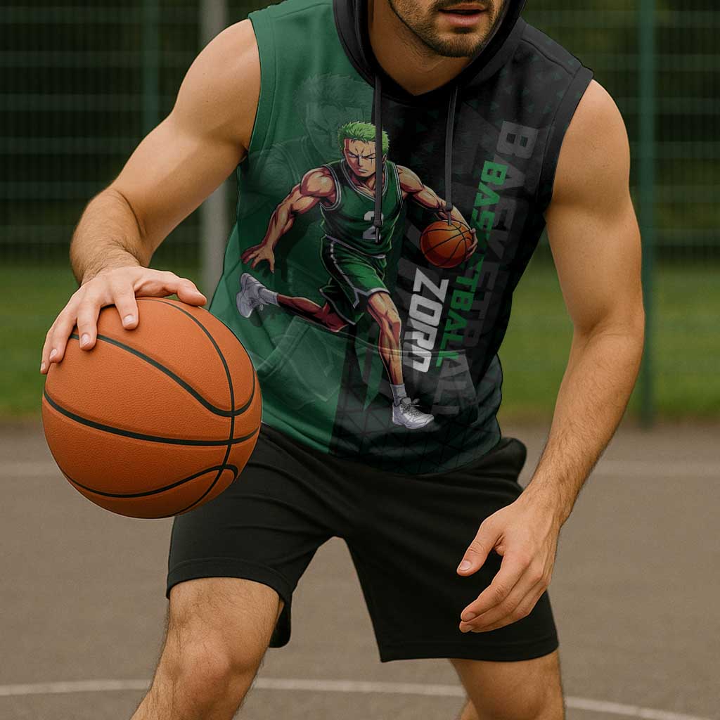 Zoro One Piece Basketball Theme Green and Black Design Sleeveless Hoodie with Swordsman Logo and Action Dribble Pose - The Mazicc