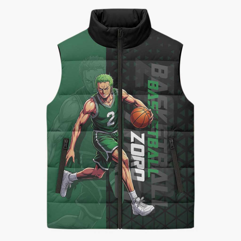 Zoro One Piece Basketball Theme Green and Black Design Sleeveless Puffer Jacket with Swordsman Logo and Action Dribble Pose - The Mazicc
