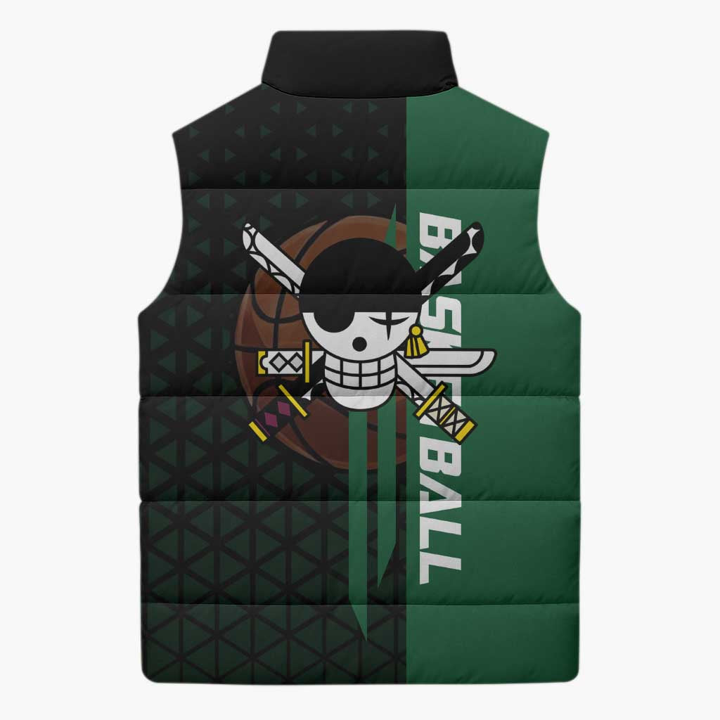 Zoro One Piece Basketball Theme Green and Black Design Sleeveless Puffer Jacket with Swordsman Logo and Action Dribble Pose - The Mazicc