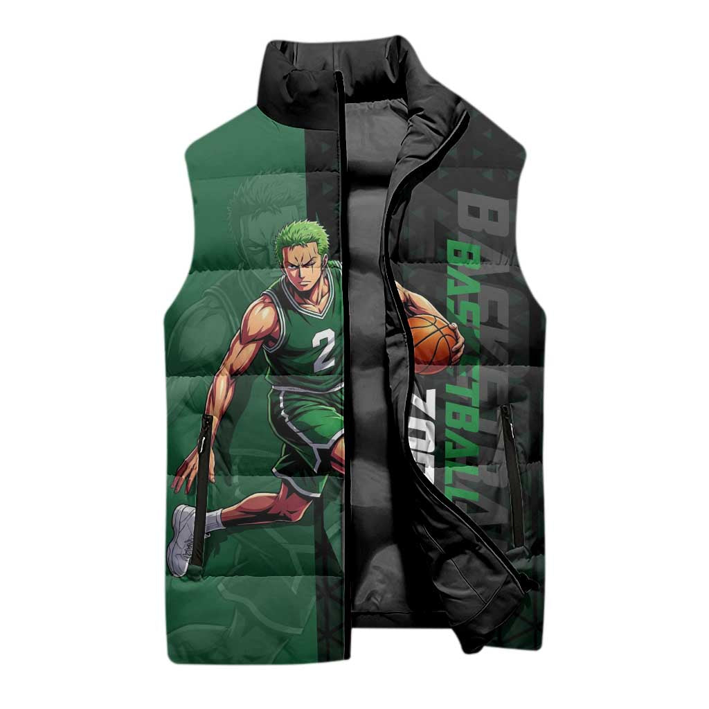 Zoro One Piece Basketball Theme Green and Black Design Sleeveless Puffer Jacket with Swordsman Logo and Action Dribble Pose - The Mazicc