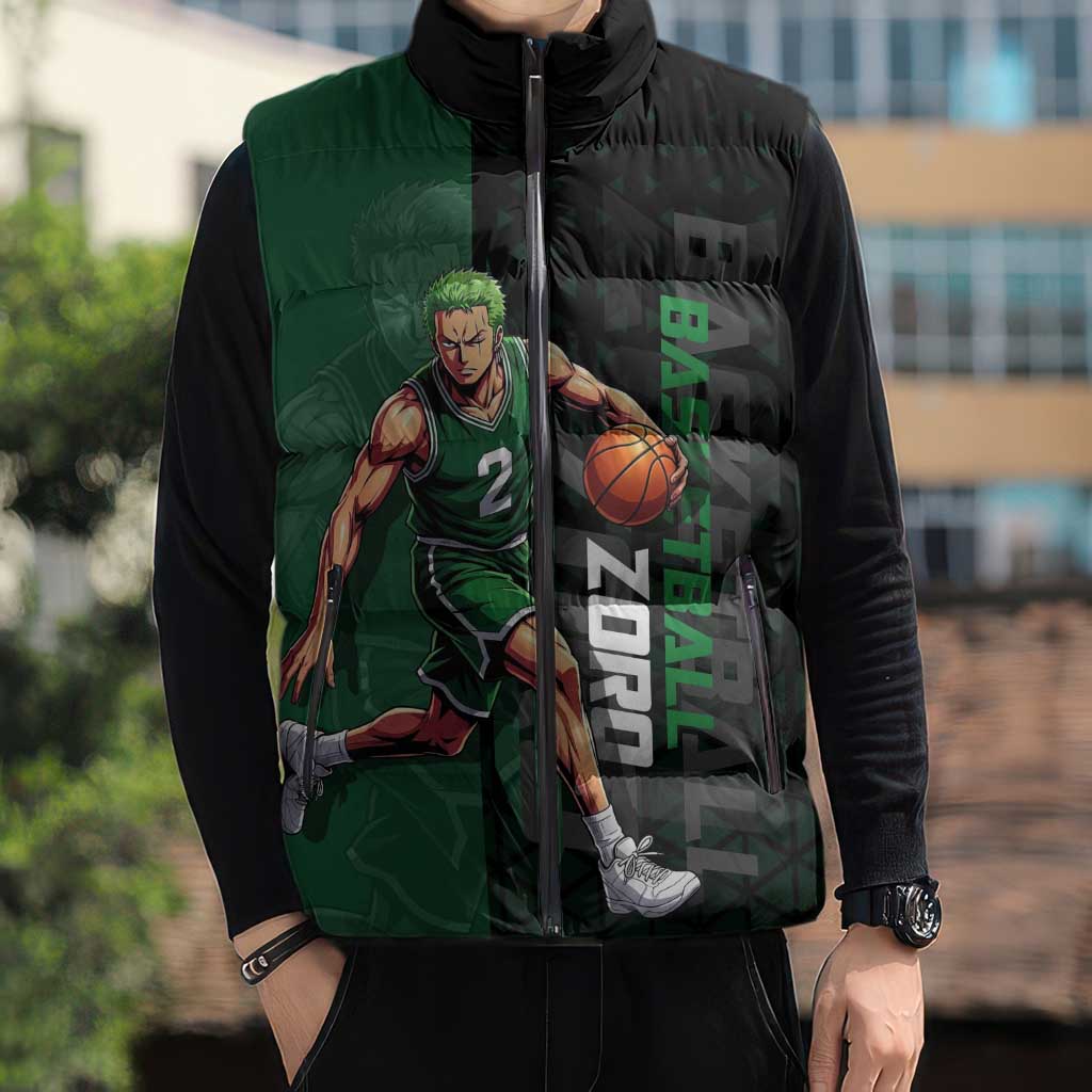 Zoro One Piece Basketball Theme Green and Black Design Sleeveless Puffer Jacket with Swordsman Logo and Action Dribble Pose - The Mazicc