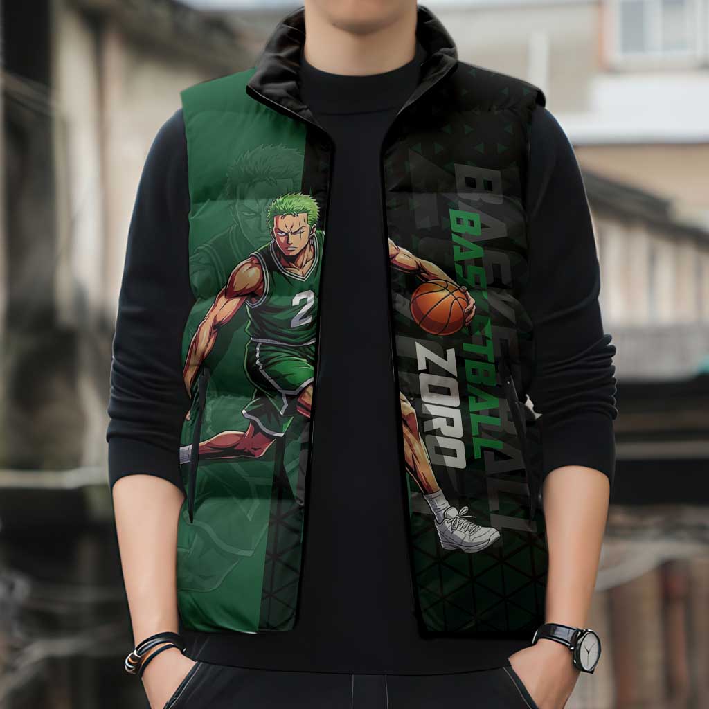 Zoro One Piece Basketball Theme Green and Black Design Sleeveless Puffer Jacket with Swordsman Logo and Action Dribble Pose - The Mazicc