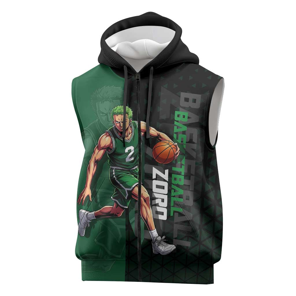 Zoro One Piece Basketball Theme Green and Black Design Sleeveless Zip Hoodie with Swordsman Logo and Action Dribble Pose - The Mazicc