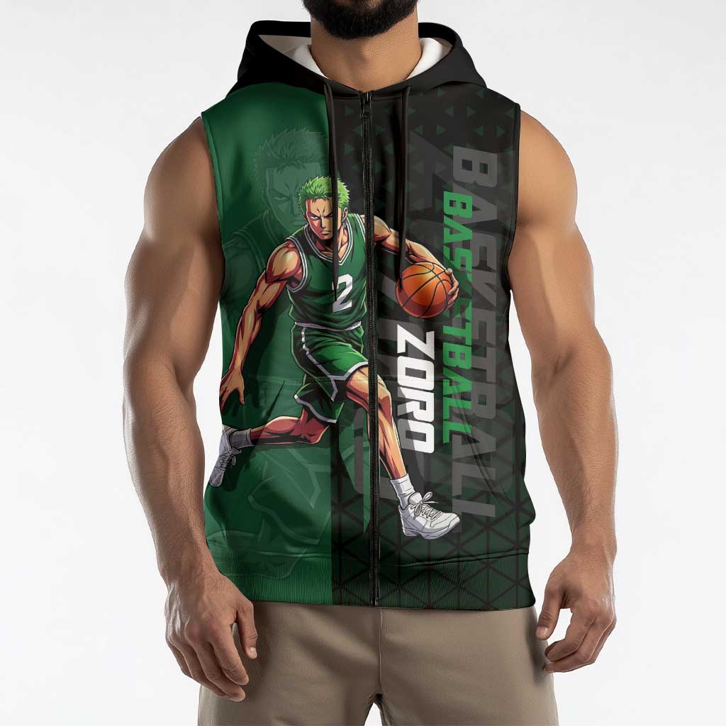 Zoro One Piece Basketball Theme Green and Black Design Sleeveless Zip Hoodie with Swordsman Logo and Action Dribble Pose - The Mazicc