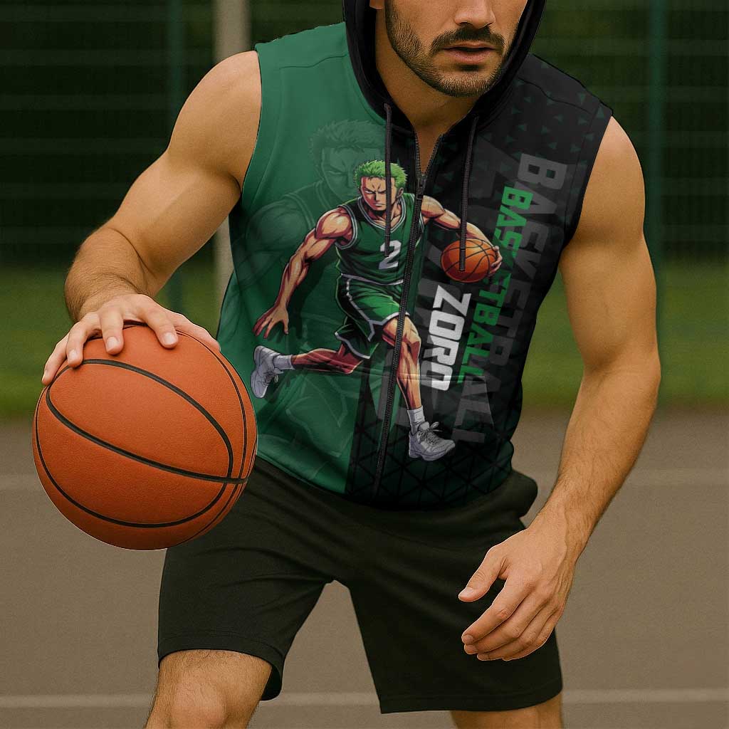 Zoro One Piece Basketball Theme Green and Black Design Sleeveless Zip Hoodie with Swordsman Logo and Action Dribble Pose - The Mazicc