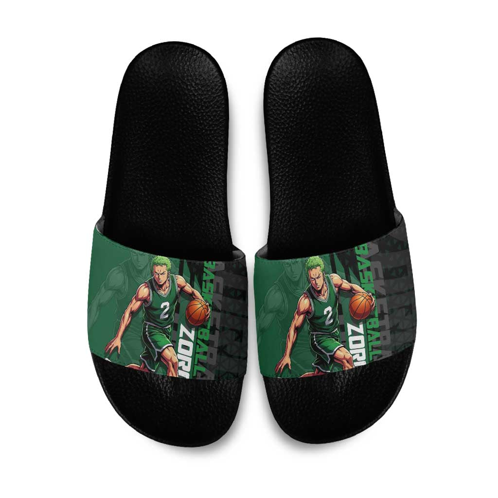 Zoro One Piece Basketball Theme Green and Black Design Slide Sandals with Swordsman Logo and Action Dribble Pose - The Mazicc