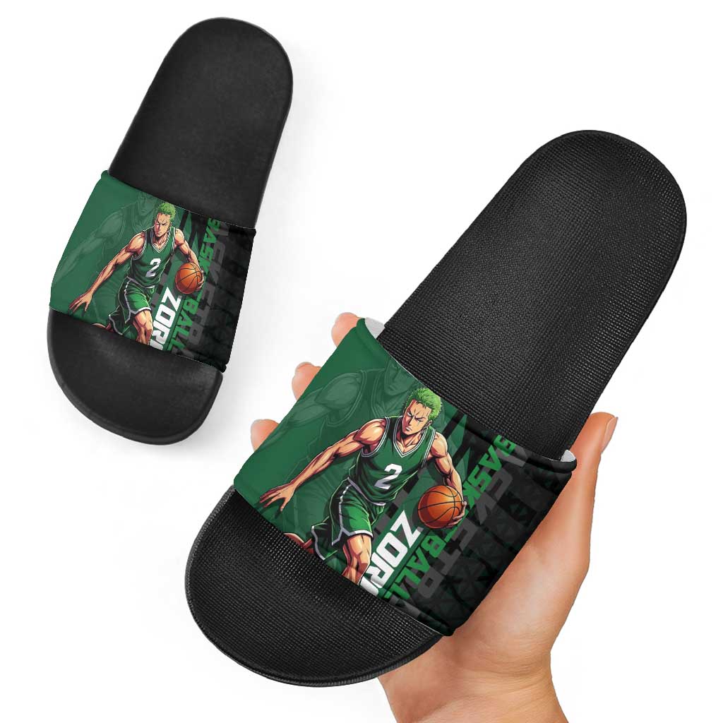 Zoro One Piece Basketball Theme Green and Black Design Slide Sandals with Swordsman Logo and Action Dribble Pose - The Mazicc