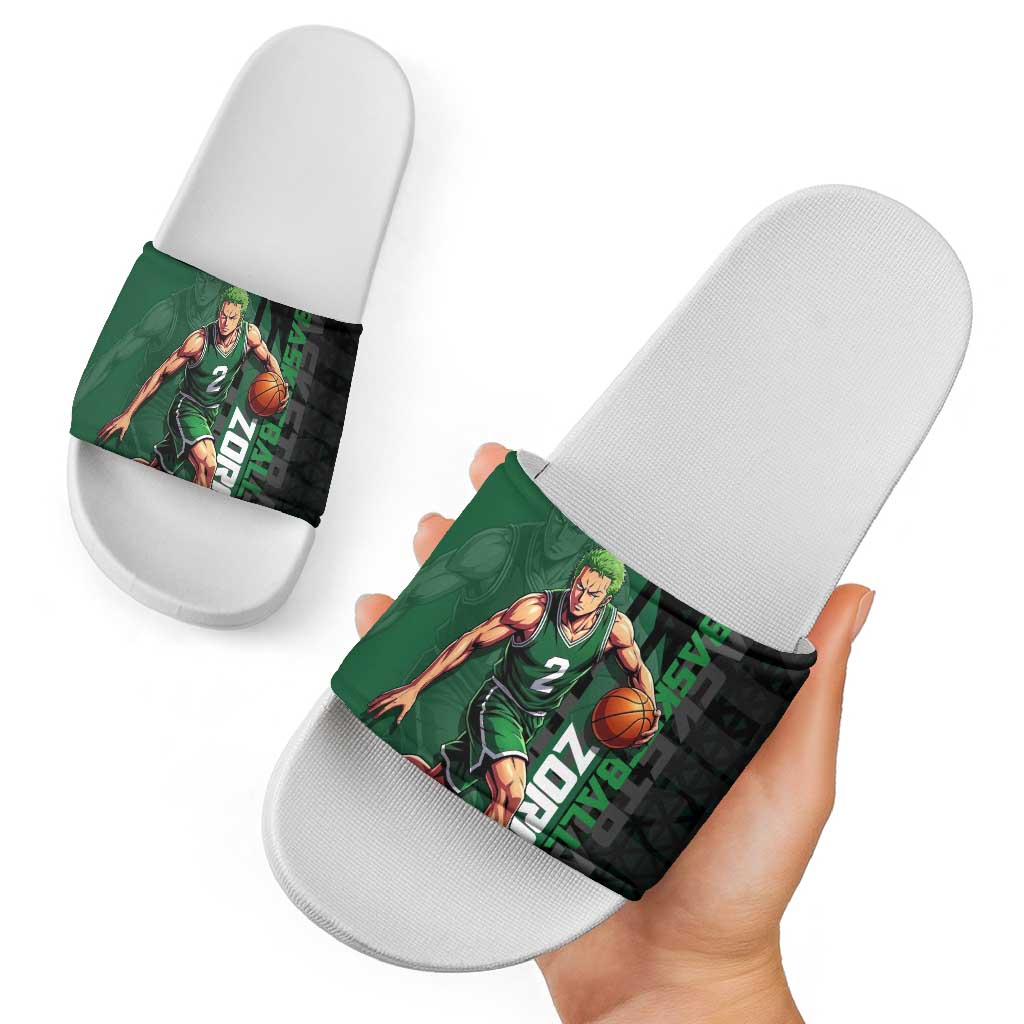 Zoro One Piece Basketball Theme Green and Black Design Slide Sandals with Swordsman Logo and Action Dribble Pose - The Mazicc