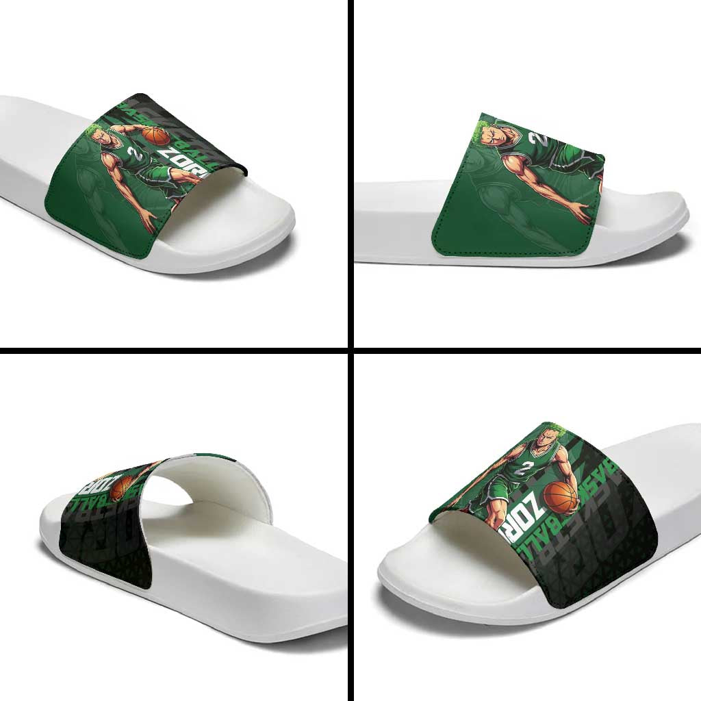 Zoro One Piece Basketball Theme Green and Black Design Slide Sandals with Swordsman Logo and Action Dribble Pose - The Mazicc