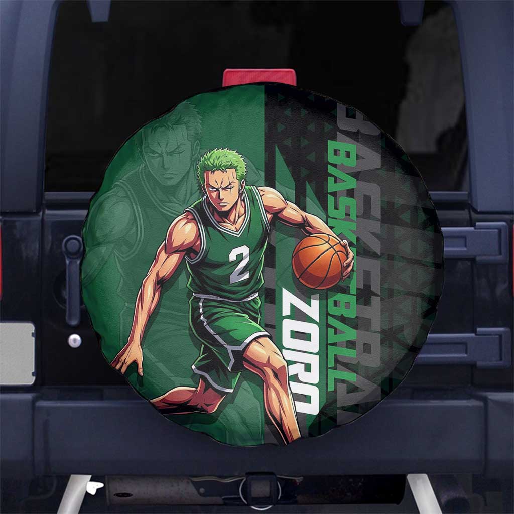 Zoro One Piece Basketball Theme Green and Black Design Spare Tire Cover with Swordsman Logo and Action Dribble Pose - The Mazicc