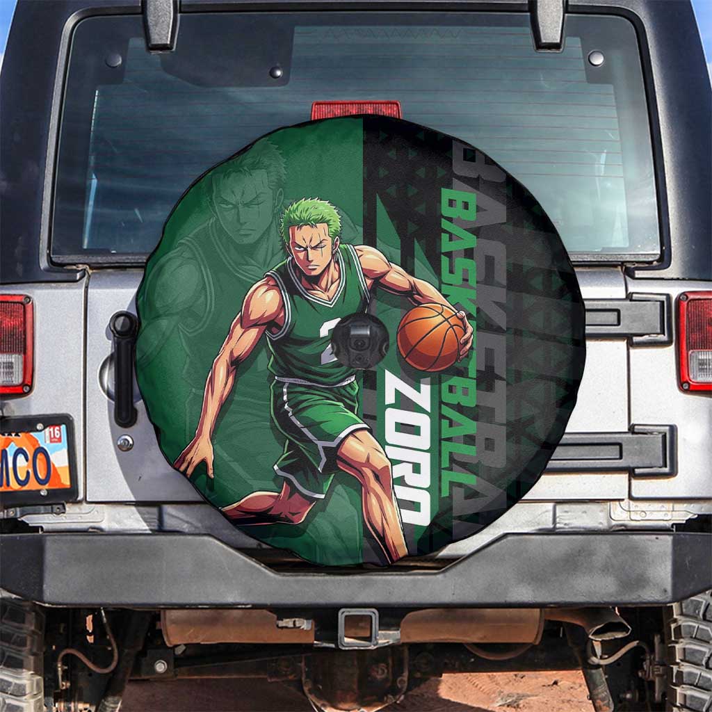 Zoro One Piece Basketball Theme Green and Black Design Spare Tire Cover with Swordsman Logo and Action Dribble Pose - The Mazicc