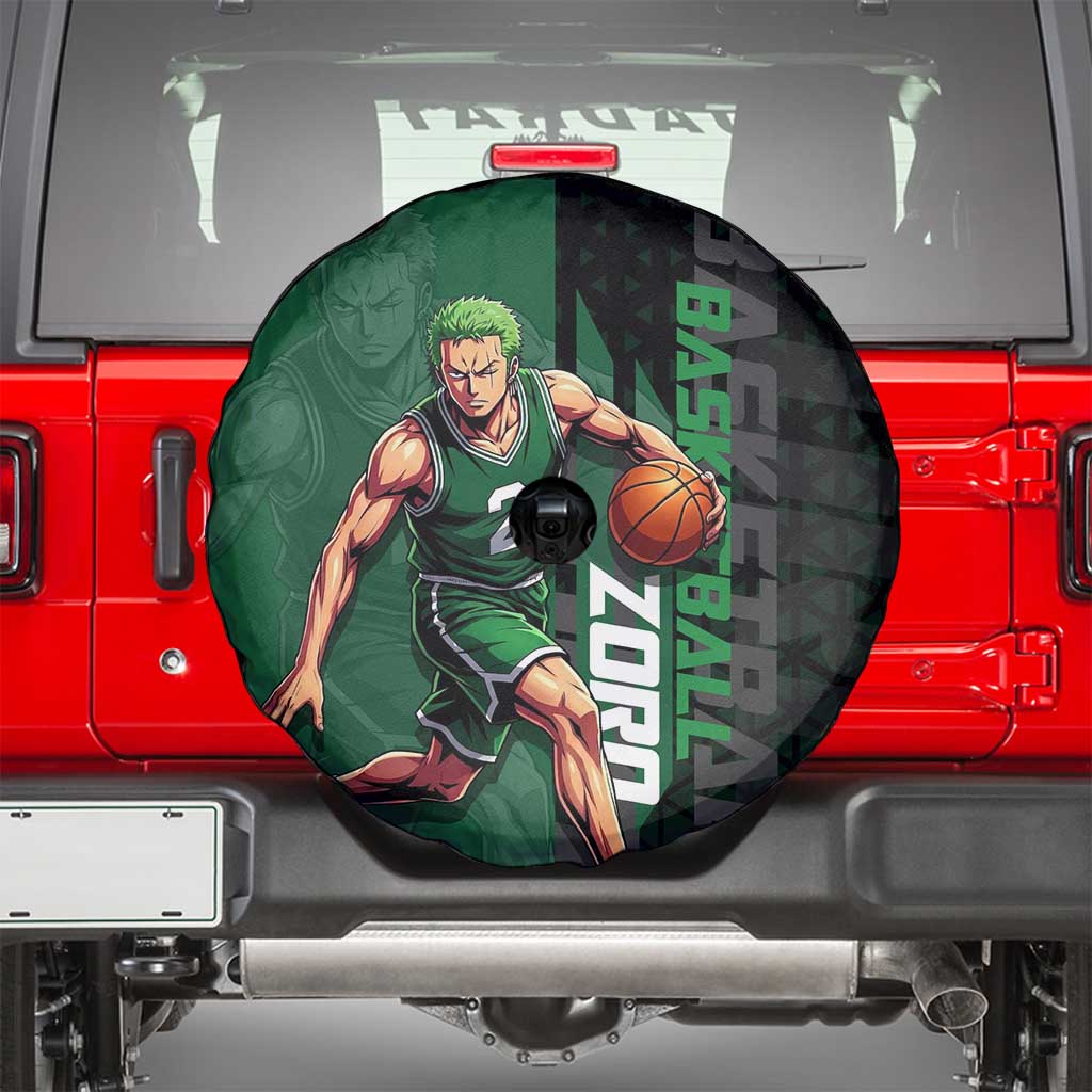 Zoro One Piece Basketball Theme Green and Black Design Spare Tire Cover with Swordsman Logo and Action Dribble Pose - The Mazicc