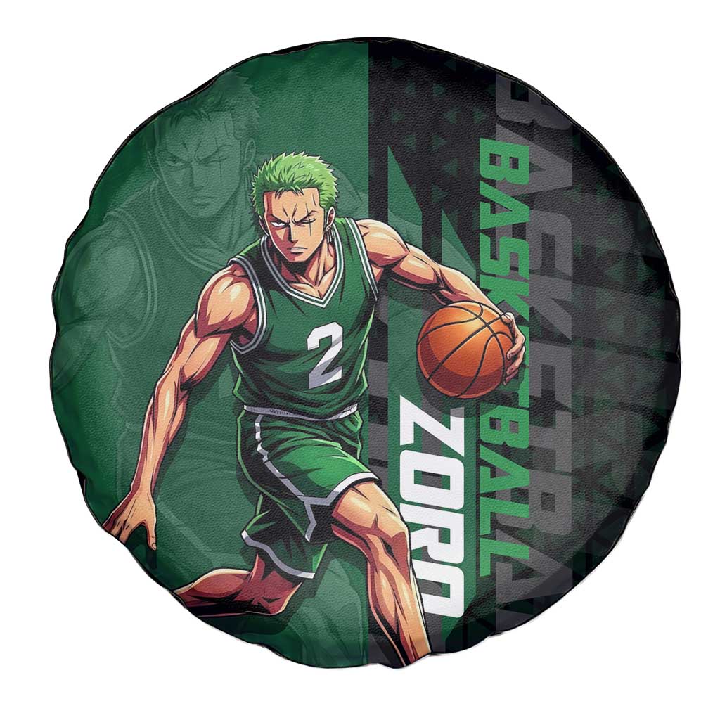 Zoro One Piece Basketball Theme Green and Black Design Spare Tire Cover with Swordsman Logo and Action Dribble Pose - The Mazicc