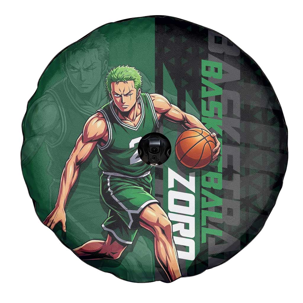 Zoro One Piece Basketball Theme Green and Black Design Spare Tire Cover with Swordsman Logo and Action Dribble Pose - The Mazicc