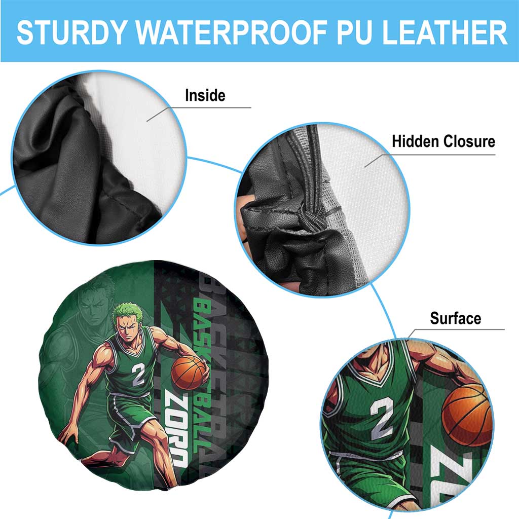 Zoro One Piece Basketball Theme Green and Black Design Spare Tire Cover with Swordsman Logo and Action Dribble Pose - The Mazicc