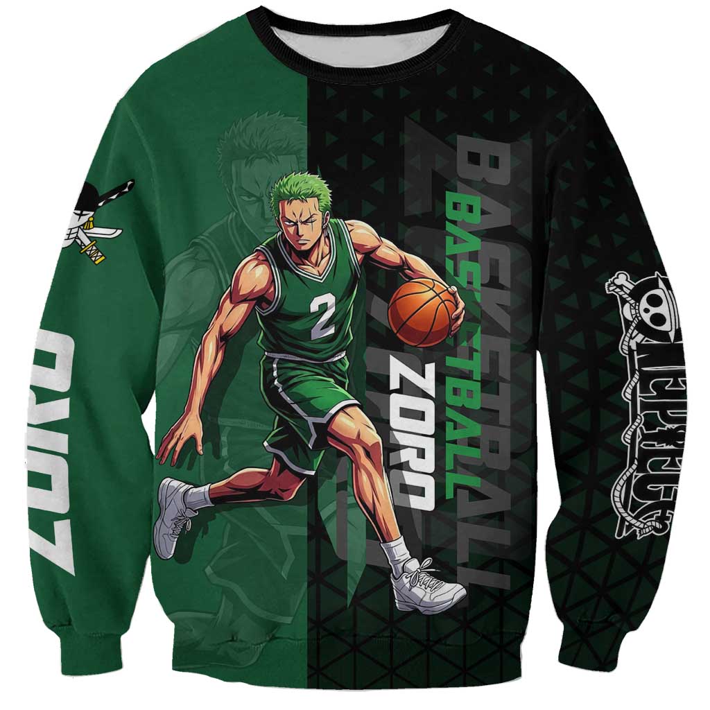 Zoro One Piece Basketball Theme Green and Black Design Sweatshirt with Swordsman Logo and Action Dribble Pose - The Mazicc