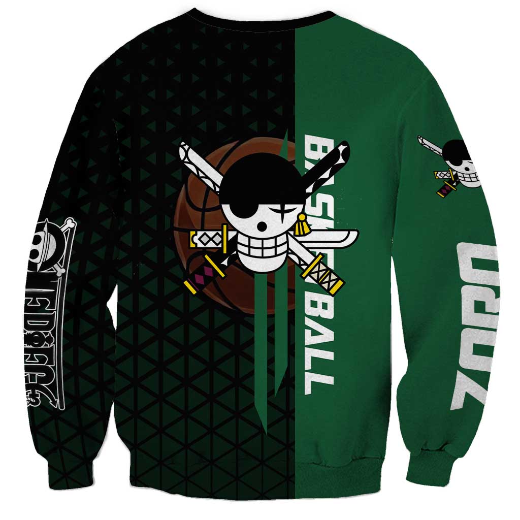 Zoro One Piece Basketball Theme Green and Black Design Sweatshirt with Swordsman Logo and Action Dribble Pose - The Mazicc