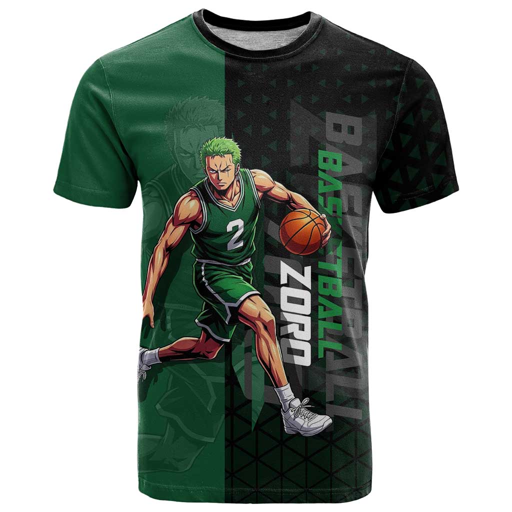 Zoro One Piece Basketball Theme Green and Black Design T Shirt with Swordsman Logo and Action Dribble Pose - The Mazicc