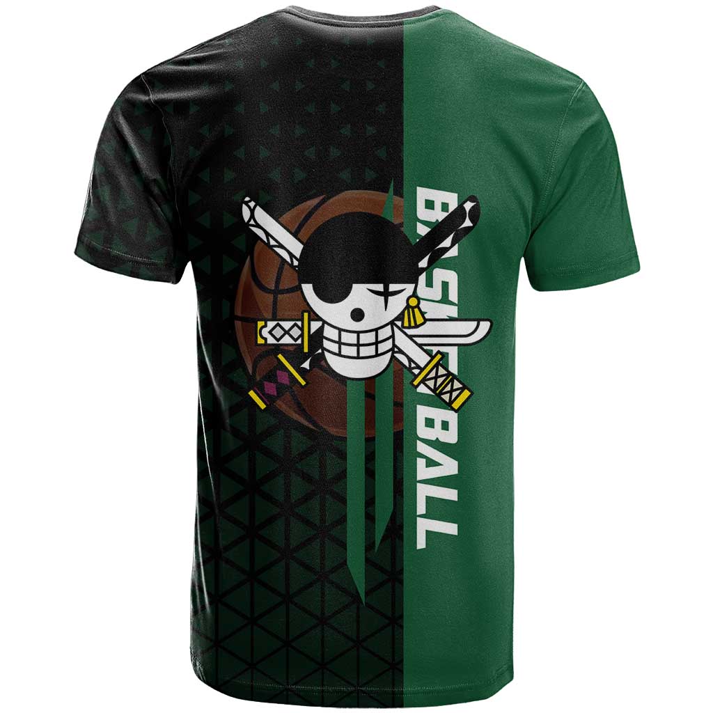 Zoro One Piece Basketball Theme Green and Black Design T Shirt with Swordsman Logo and Action Dribble Pose - The Mazicc