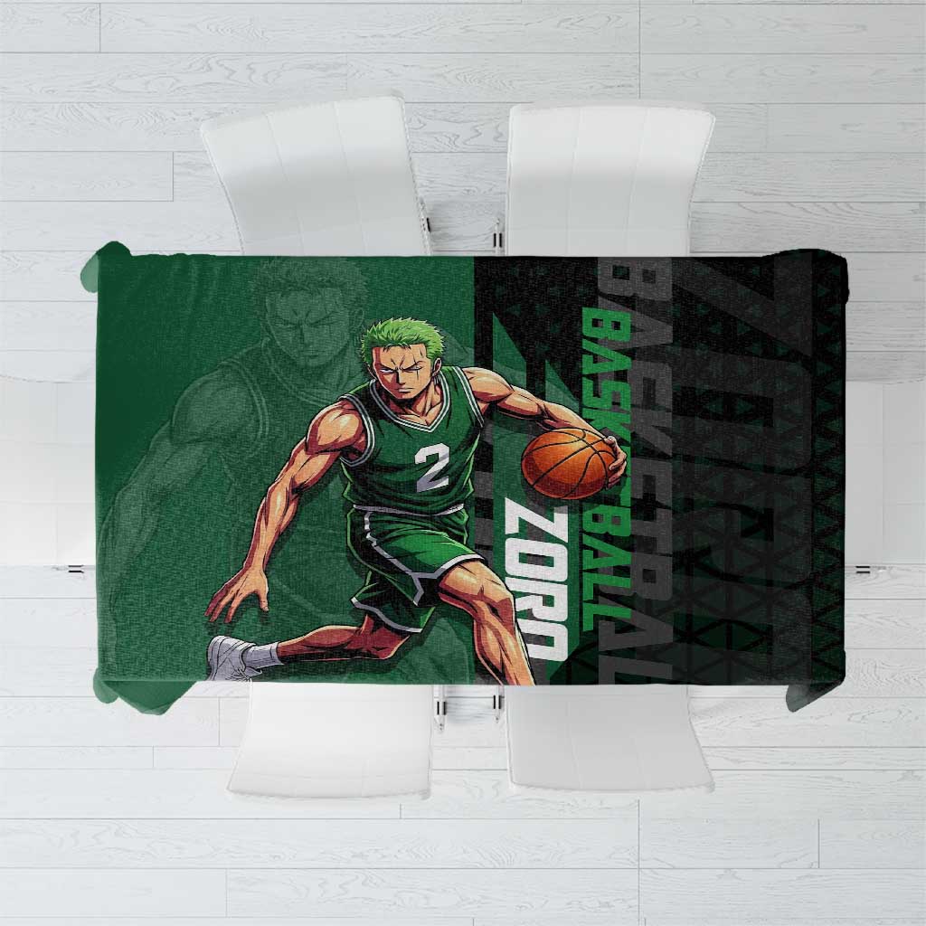 Zoro One Piece Basketball Theme Green and Black Design Tablecloth with Swordsman Logo and Action Dribble Pose - The Mazicc