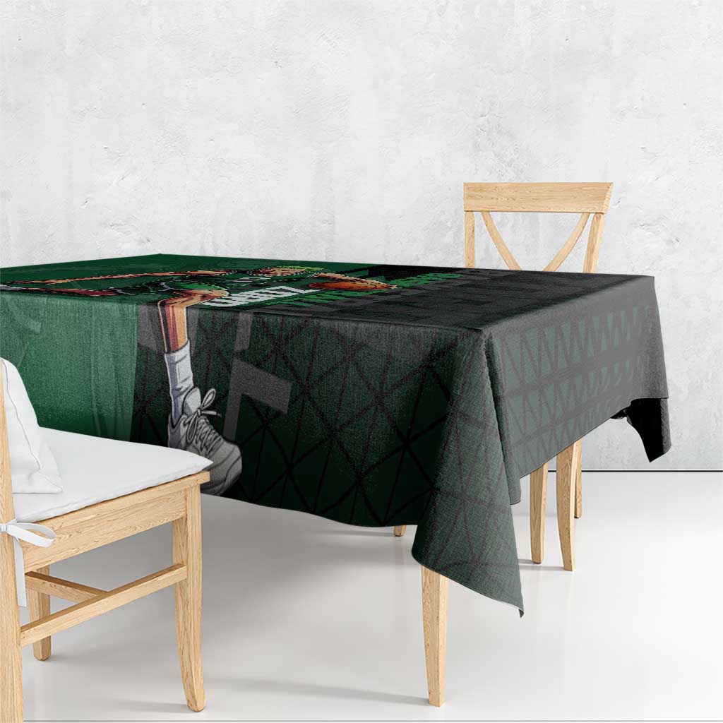 Zoro One Piece Basketball Theme Green and Black Design Tablecloth with Swordsman Logo and Action Dribble Pose - The Mazicc