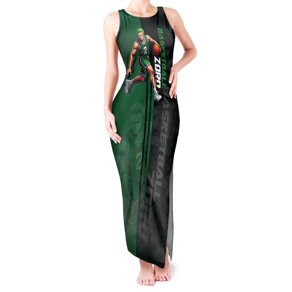 Zoro One Piece Basketball Theme Green and Black Design Tank Maxi Dress with Swordsman Logo and Action Dribble Pose - The Mazicc