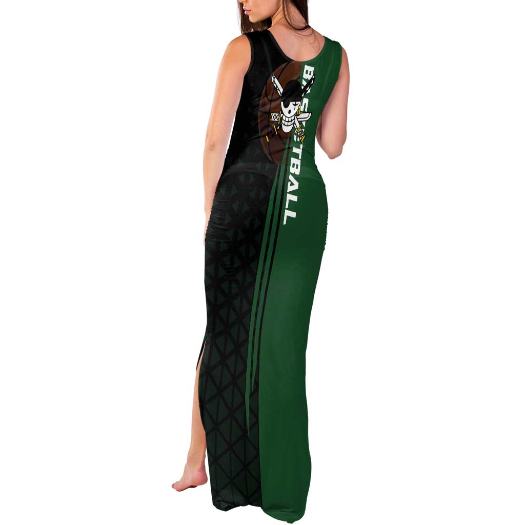 Zoro One Piece Basketball Theme Green and Black Design Tank Maxi Dress with Swordsman Logo and Action Dribble Pose - The Mazicc