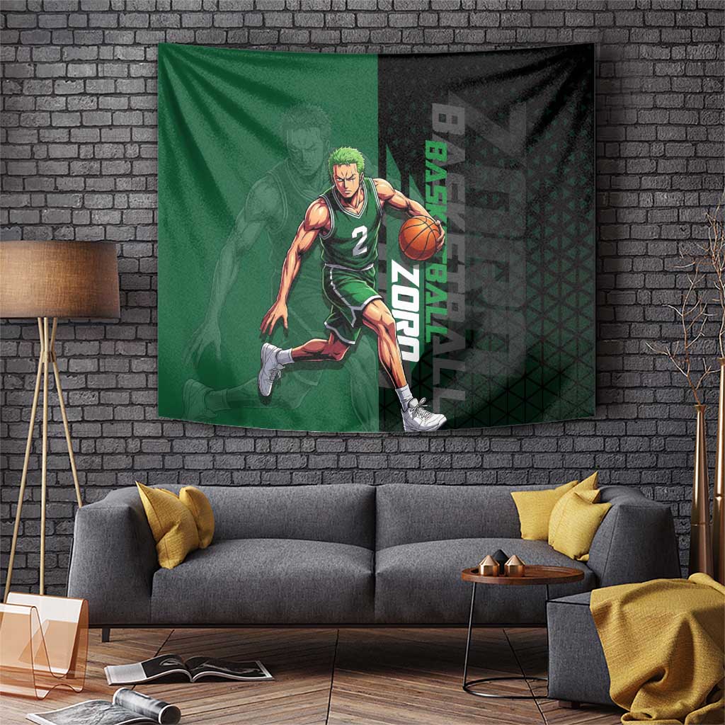 Zoro One Piece Basketball Theme Green and Black Design Tapestry with Swordsman Logo and Action Dribble Pose - The Mazicc