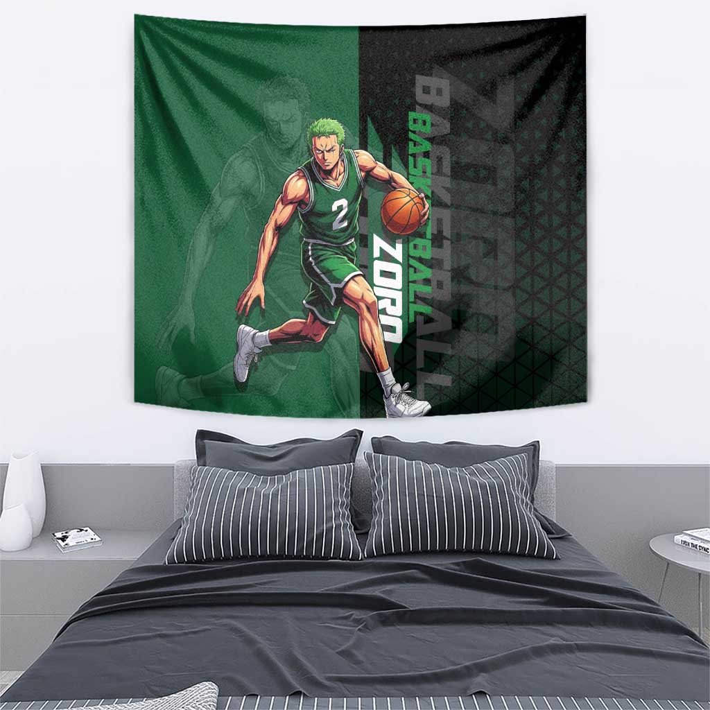 Zoro One Piece Basketball Theme Green and Black Design Tapestry with Swordsman Logo and Action Dribble Pose - The Mazicc