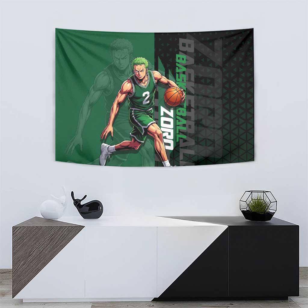 Zoro One Piece Basketball Theme Green and Black Design Tapestry with Swordsman Logo and Action Dribble Pose - The Mazicc