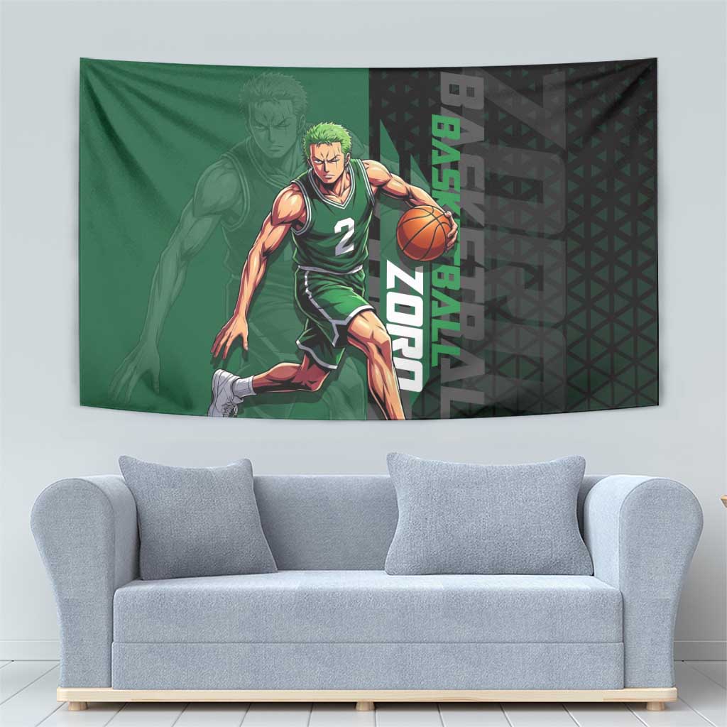 Zoro One Piece Basketball Theme Green and Black Design Tapestry with Swordsman Logo and Action Dribble Pose - The Mazicc