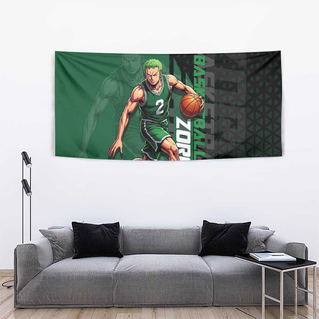 Zoro One Piece Basketball Theme Green and Black Design Tapestry with Swordsman Logo and Action Dribble Pose - The Mazicc