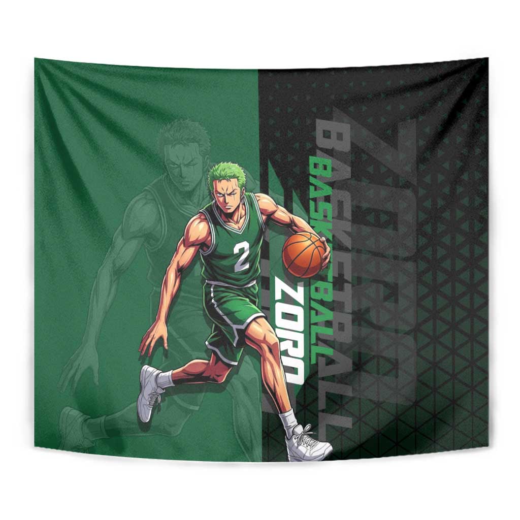 Zoro One Piece Basketball Theme Green and Black Design Tapestry with Swordsman Logo and Action Dribble Pose - The Mazicc